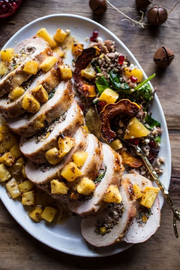 Pineapple Glazed Pork Roast with Bacon Wild Rice Stuffing