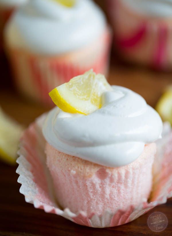 Pink Lemonade Angel Food Cupcakes with Marshmallow Frosting