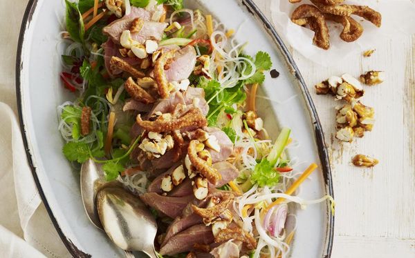 Poached duck and cashew salad with duck crackling