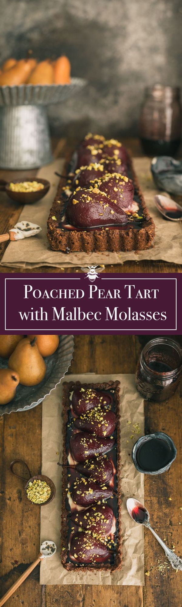 Poached Pears in a Chocolate, and Mascarpone Nutty Tart with Malbec Molasses