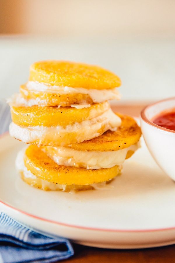 Polenta Grilled Cheeses with Zesty Marinara Dipping Sauce