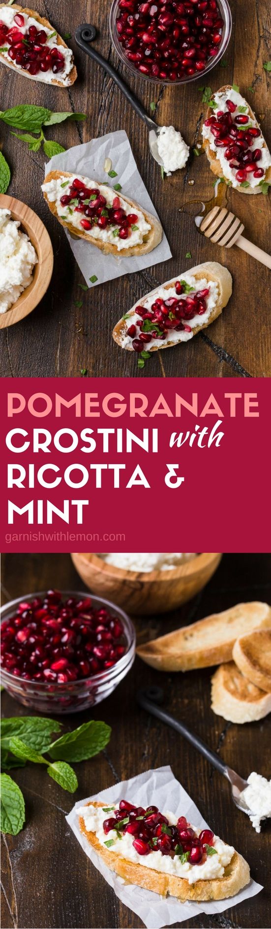 Pomegranate Crostini with Ricotta and Mint