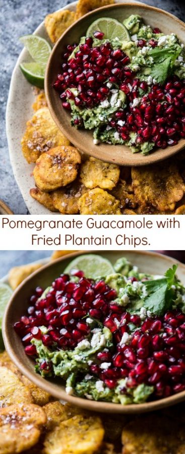 Pomegranate Guacamole with Fried Plantain Chips