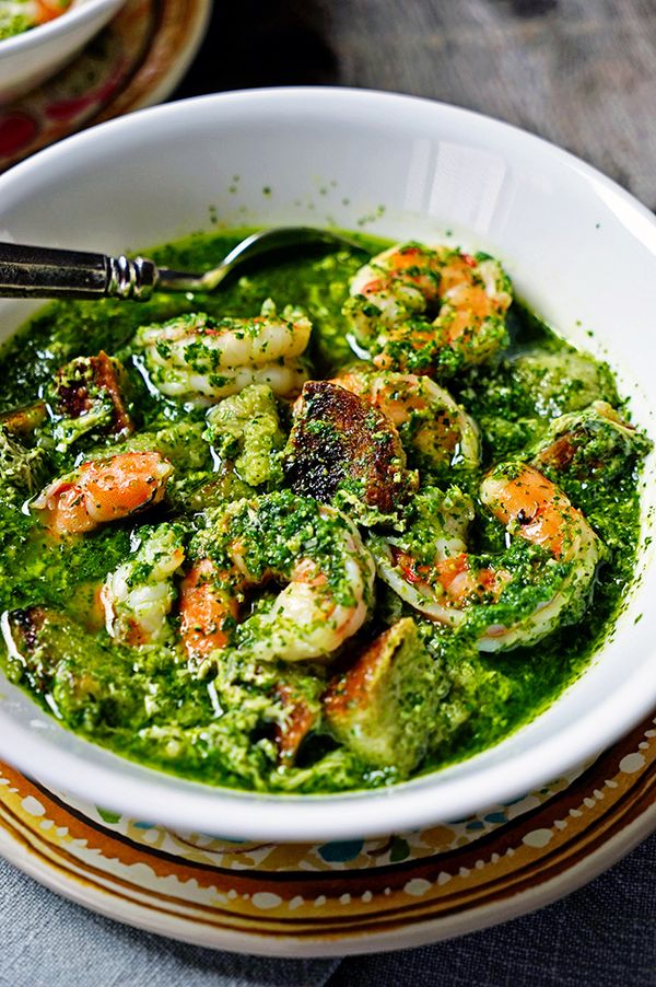 Portuguese Bread and Garlic Soup with Cilantro and Shrimp