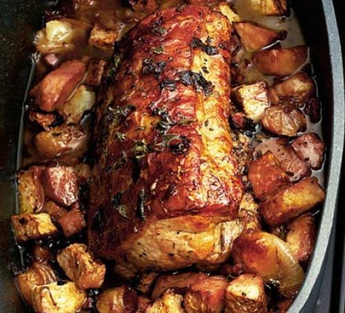 Pot-roast loin of pork with celeriac, shallots & pancetta