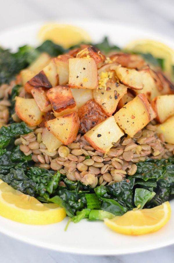 Potato, lentil, + lemon kale salad