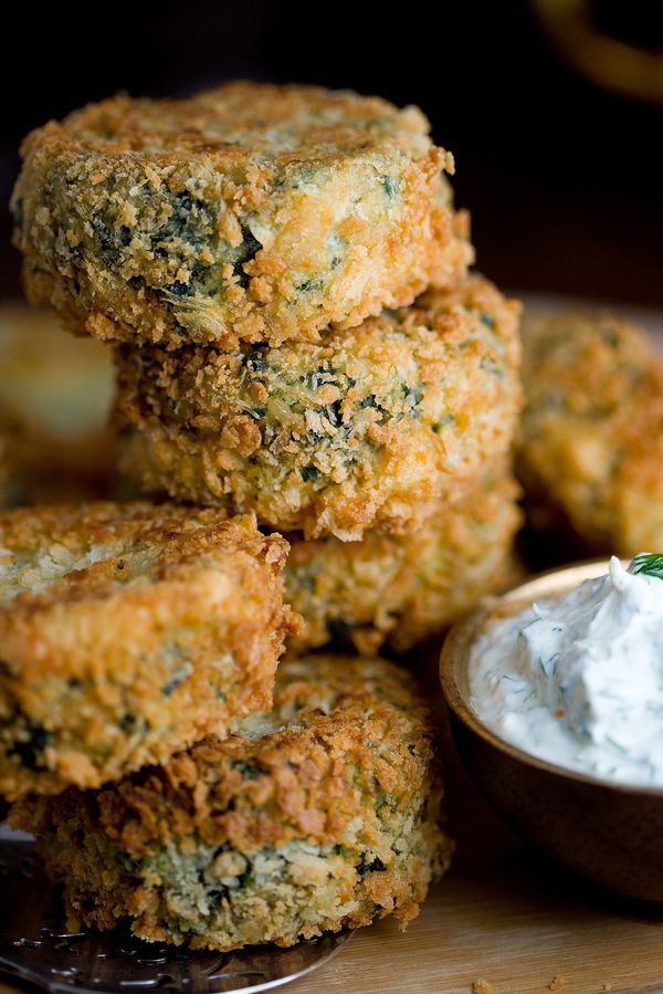 Potato, Salmon and Spinach Patties With Garlicky Dill Cream