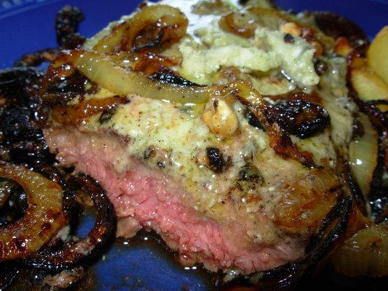 Pub Style Peppered Stilton Steaks With Charred Onions and Chips