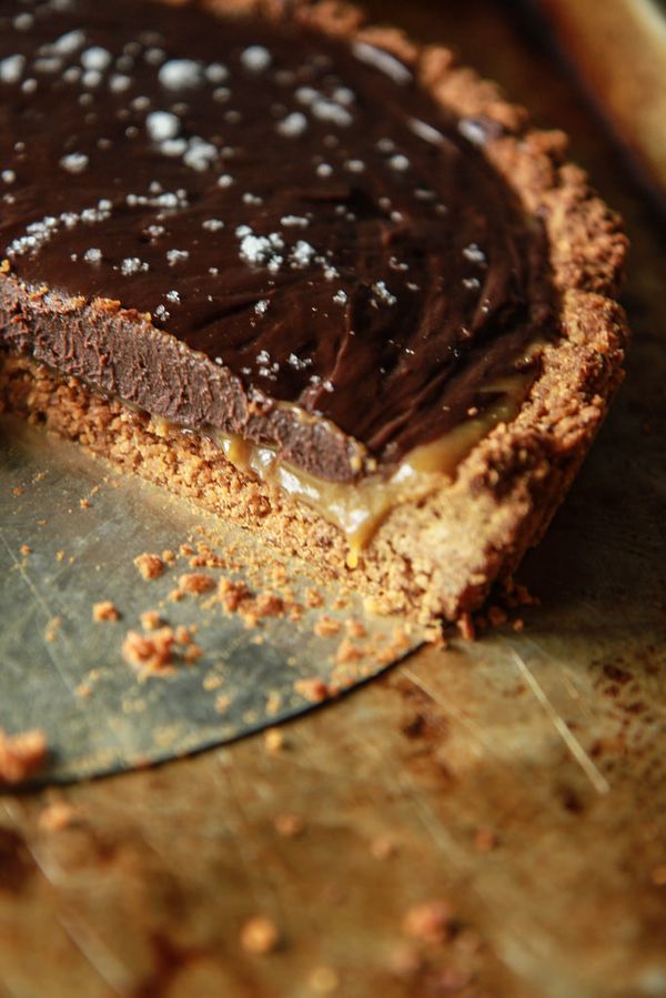 Pumpkin Caramel and Chocolate Ganache Tart with Potato Chip Coconut Crust- Vegan and Gluten Free