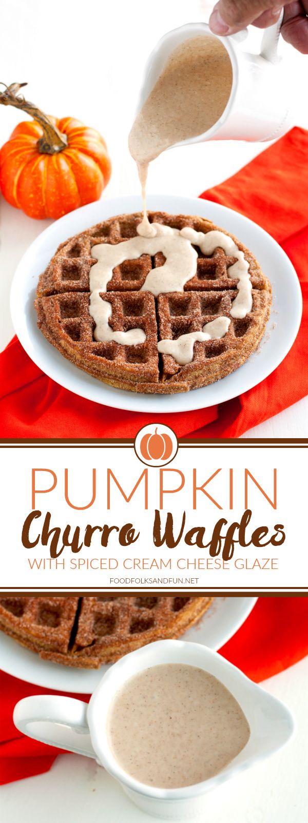 Pumpkin Churro Waffles with Spiced Cream Cheese Glaze