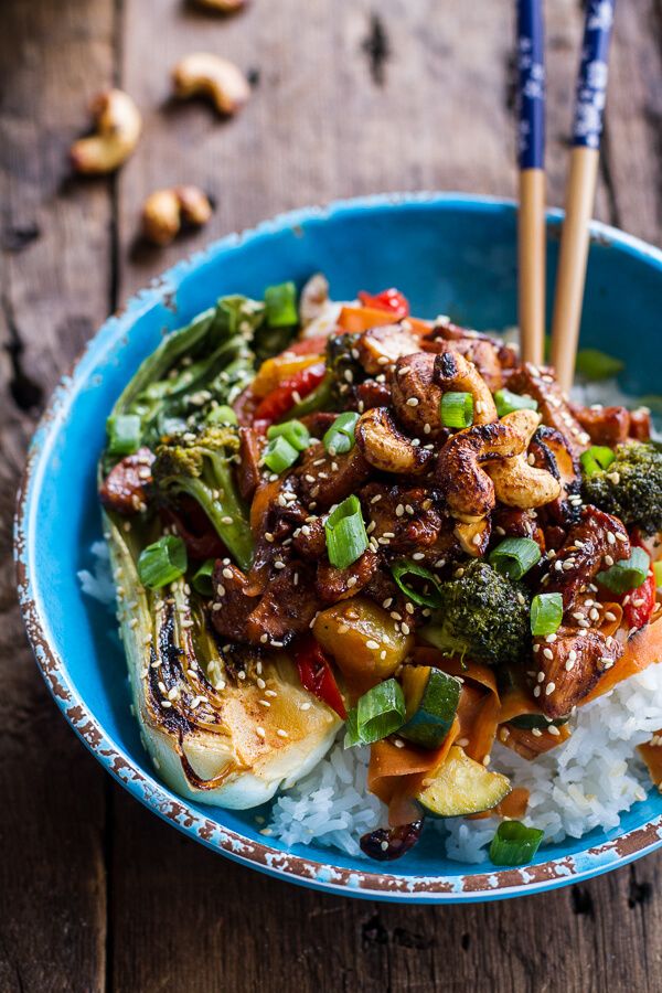 Quick Honey Ginger Pineapple and Summer Veggie Chicken Stir Fry with Caramelized Cashews