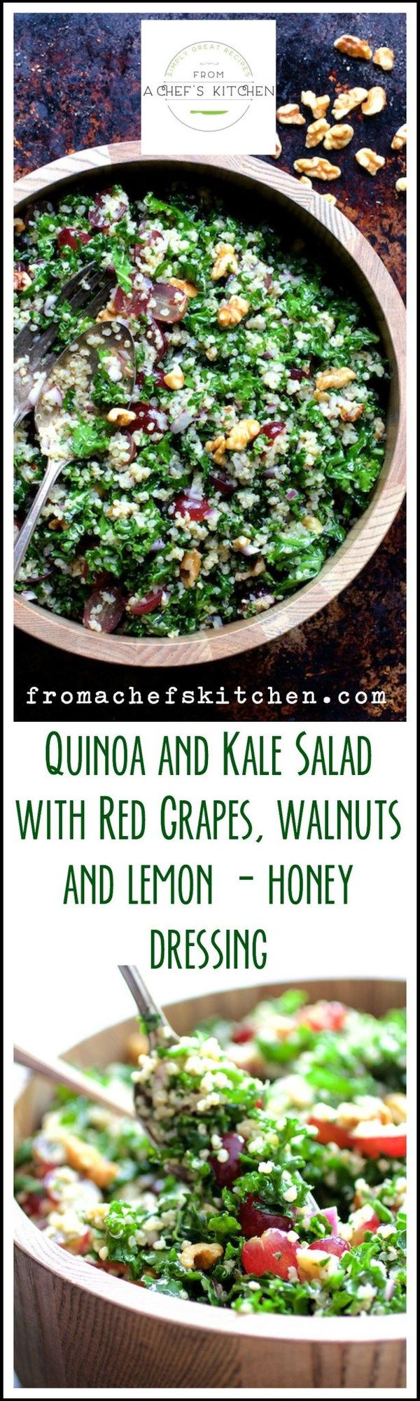 Quinoa and Kale Salad with Red Grapes, Walnuts and Honey – Lemon Dressing