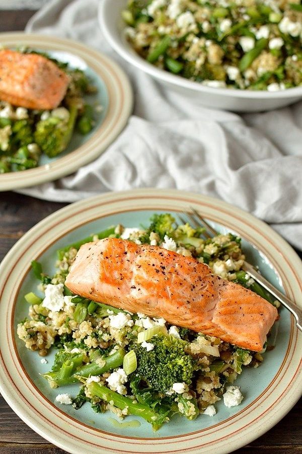 Quinoa, Lentil, Kale And Feta Salad With Salmon