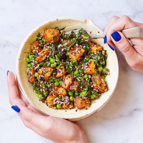 Quinoa, sweet potato, pea and kale bowl