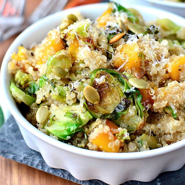 Quinoa with Caramelized Butternut Squash and Roasted Brussels Sprouts