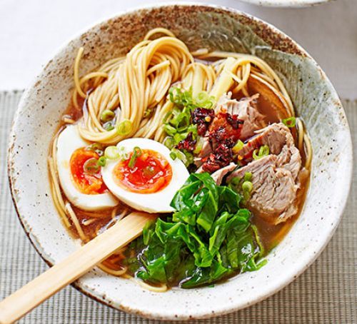 Ramen with chicken bone broth, pork shoulder, soft-boiled egg & greens