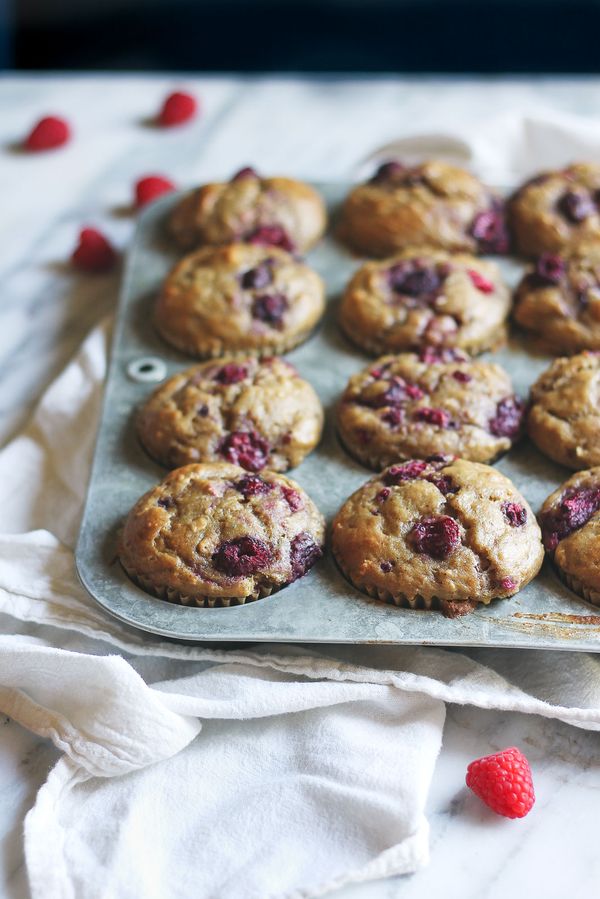 Raspberry, Almond Butter & Banana Oatmeal Muffins