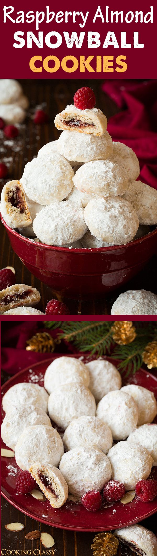 Raspberry Almond Snowball Cookies (jam stuffed snowballs