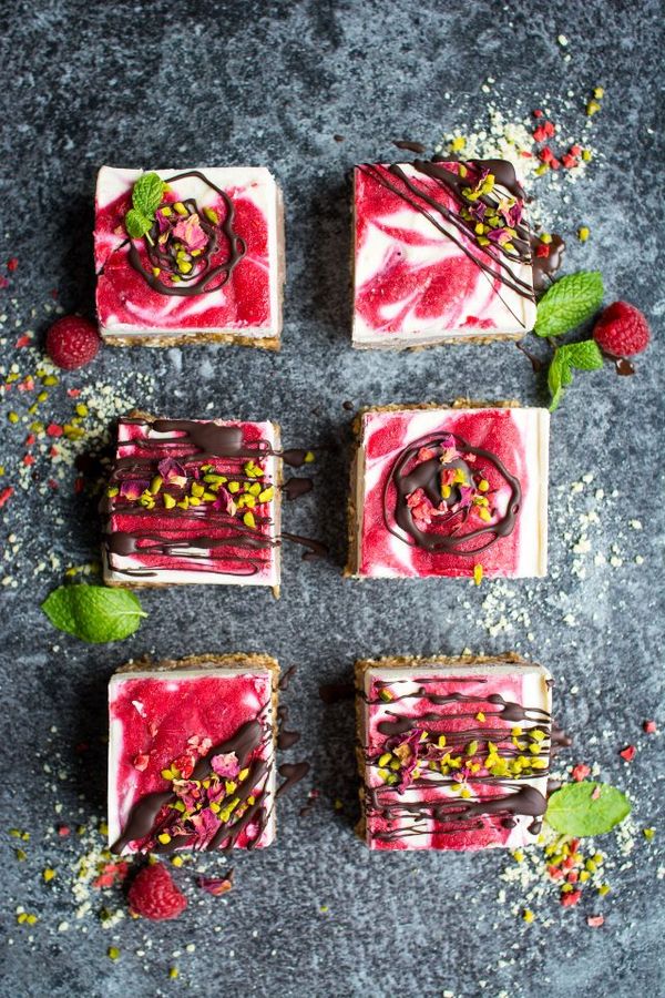 Raspberry Ripple and Chocolate Raw Cheesecake Bars