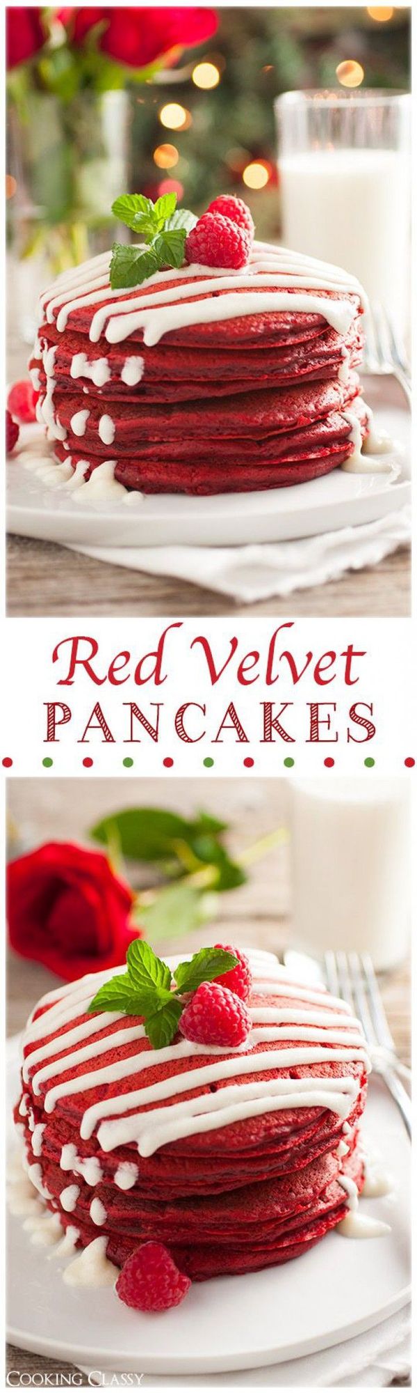 Red Velvet Pancakes with Cream Cheese Glaze (Perfect for Christmas