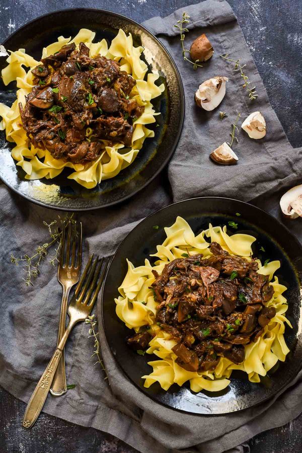 Red Wine Pot Roast with Mushrooms and Egg Noodles