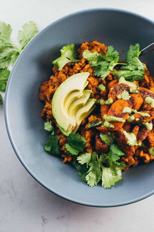 Rice and Lentil Curry Bowls with Cilantro Cashew Sauce