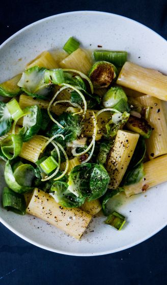 Rigatoni with Brussels Sprouts, Parmesan, Lemon, and Leek