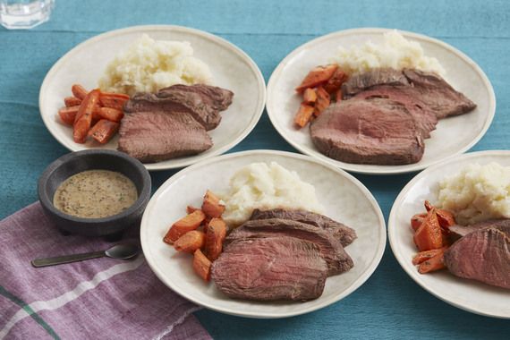 Roast Beef & Carrots with Mashed Potatoes & Dijon Mustard Pan Sauce