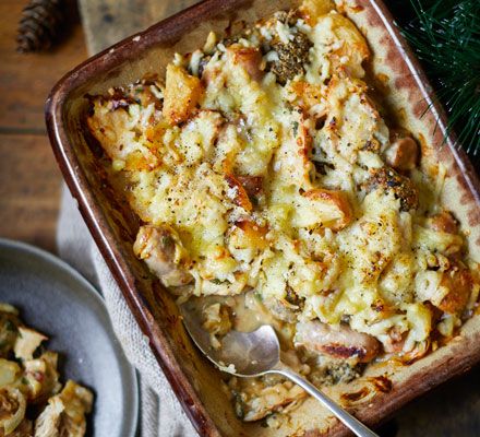 Roast potato, turkey, sausage & stuffing pie