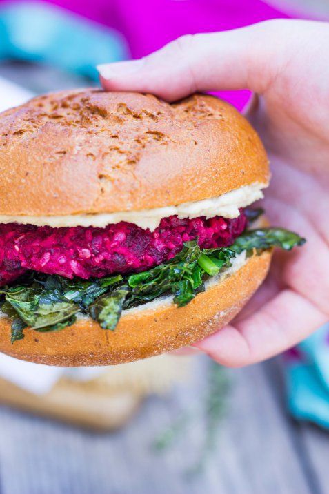 Roasted Beet, Brown Rice & Chickpea Burgers with Crispy Kale & a Thyme Tahini Sauce (gf+v