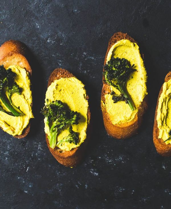 Roasted Broccolini and Turmeric Goat Cheese Crostini