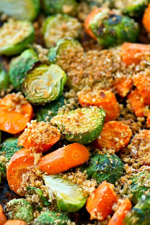 Roasted Brussels Sprouts and Carrots with Parmesan Breadcrumbs