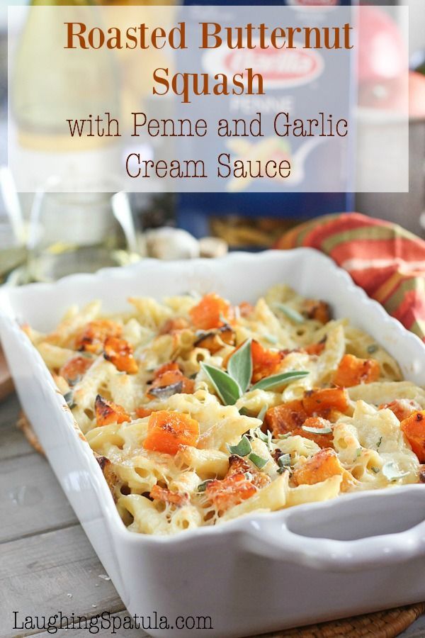 Roasted Butternut Squash with Penne and Garlic Cream Sauce