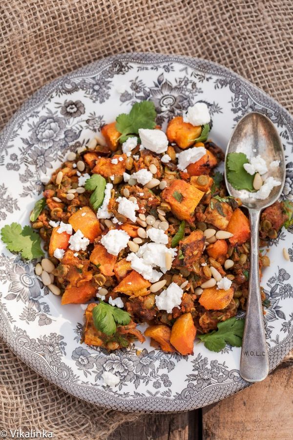 Roasted Butternut Squash with Spiced lentils, Feta and Pine nuts