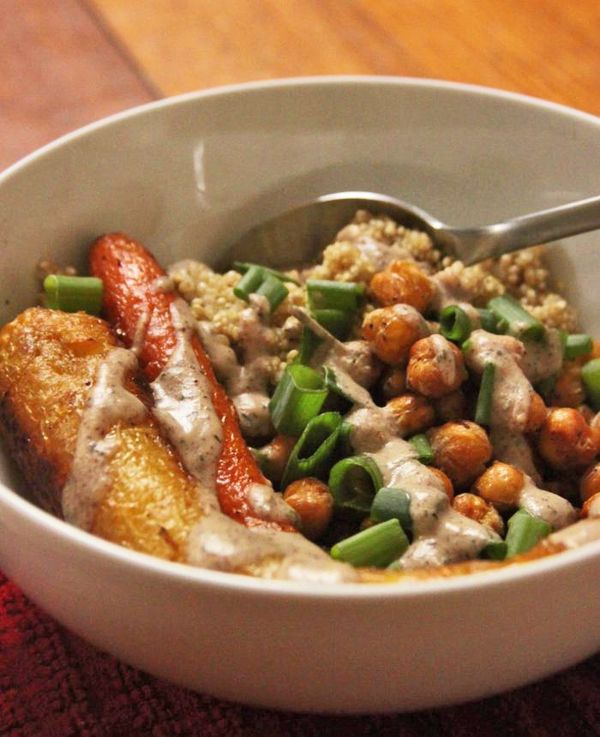 Roasted Chickpea, Carrot, And Quinoa Bowl With Almond Butter Gravy