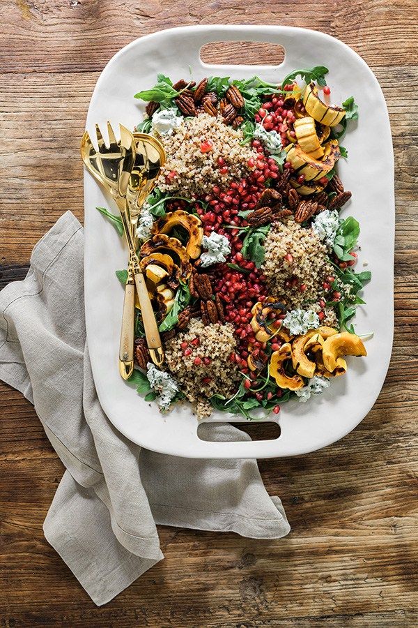 Roasted Delicata Squash & Rainbow Quinoa Salad with Pomegranate Seeds, Arugula, Candied Walnuts & Herb Goat Cheese