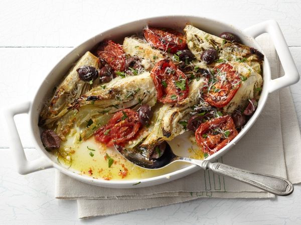 Roasted Fennel with Charred Tomatoes, Olives, and Pecorino