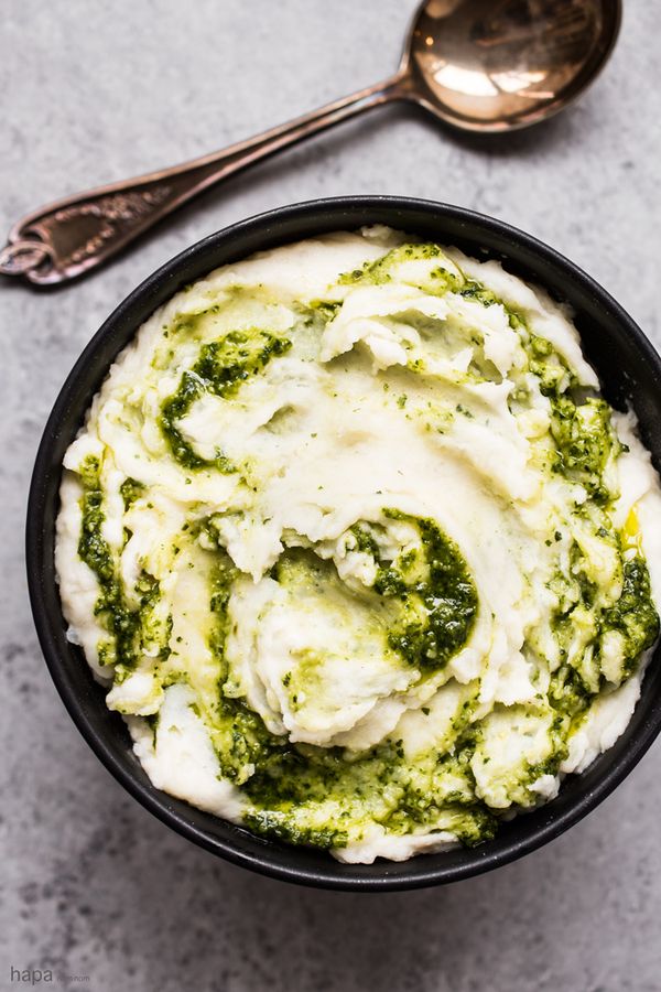 Roasted Garlic Mashed Potatoes with Basil Pesto