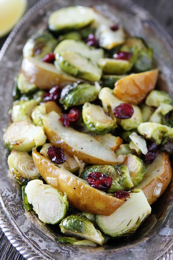 Roasted Pear and Cranberry Brussels Sprouts