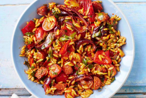 Roasted pepper and chorizo orzo salad