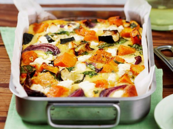 Roasted pumpkin spinach and feta slice