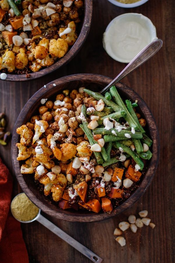 Roasted Sweet Potato, Cauliflower, Chickpea, and Green Bean Quinoa Buddha Bowls with Cashew Cream Sauce