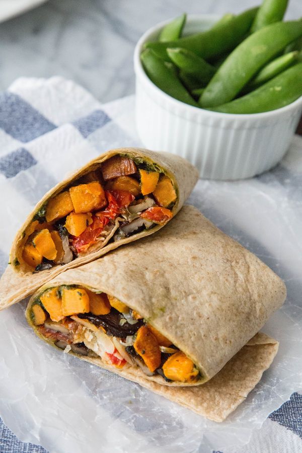 Roasted Sweet Potato Wraps with Caramelized Onions and Pesto