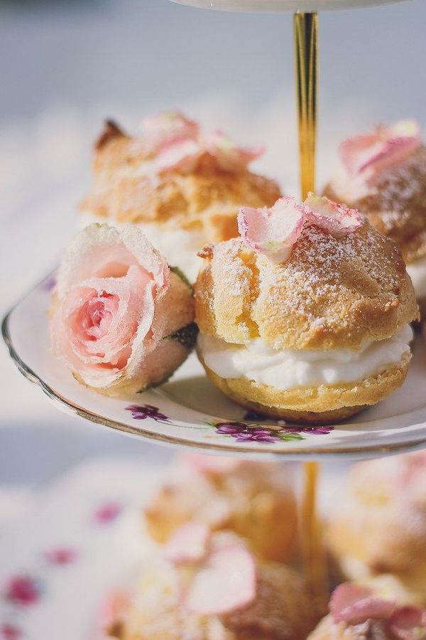 Rosewater Cream Puffs with Sugared Rose Petals