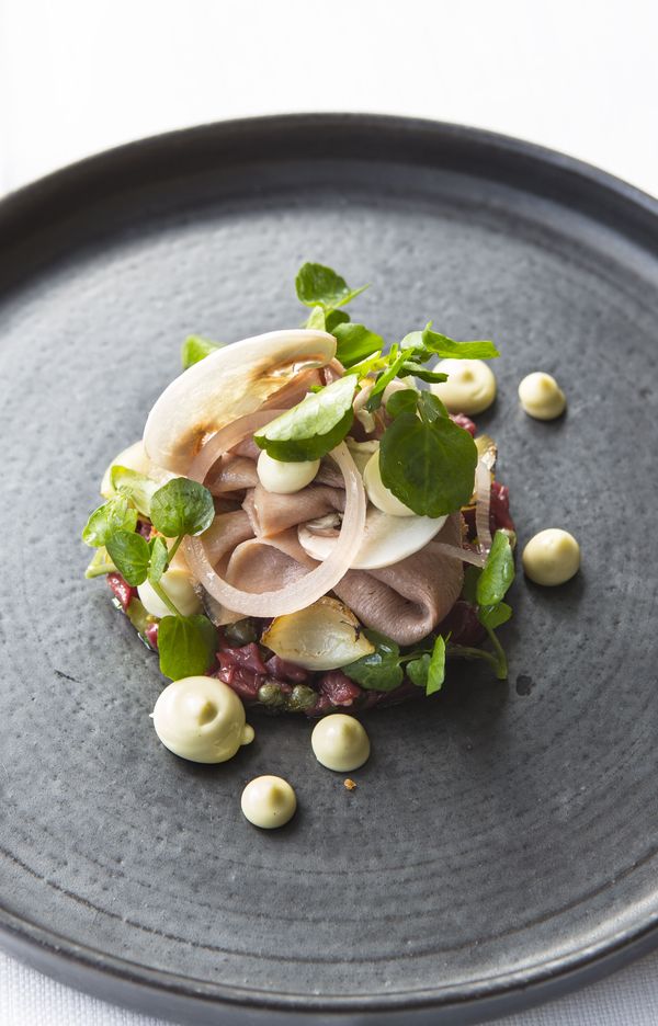 Salad of beef tartare, slow-cooked ox tongue and smoked mayonnaise