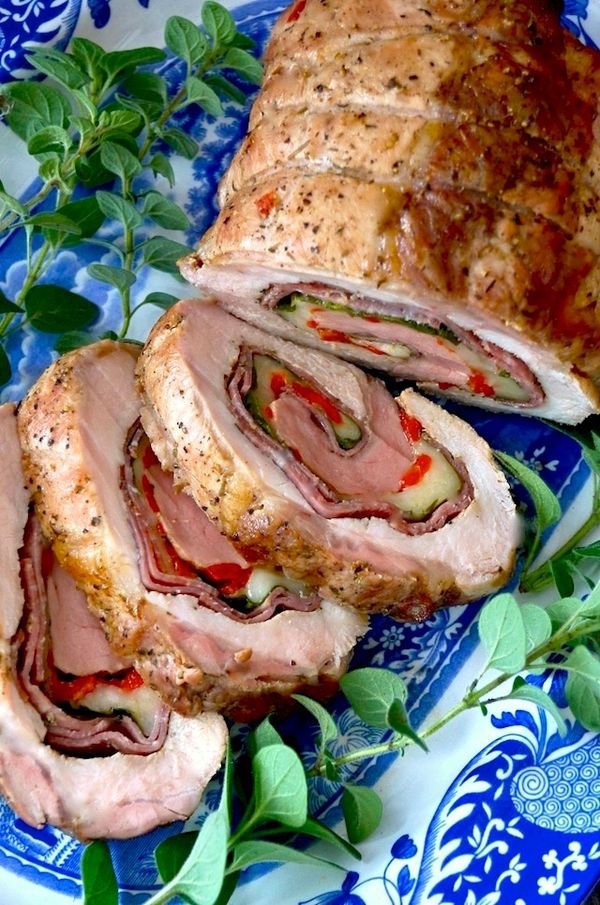 Salami-Provolone-Stuffed Pork Loin Recipe With Roasted Red Pepper and Spinach