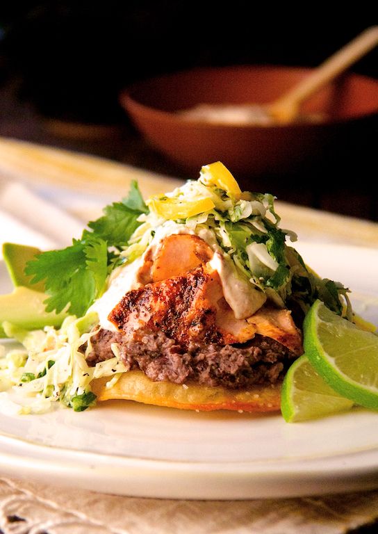 Salmon and Black Bean Tostadas with Cilantro - Lime Slaw and Chipotle Crema