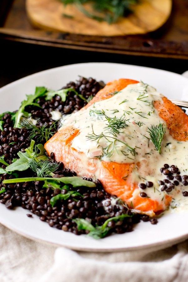 Salmon with Dill Sauce and Beluga Lentils