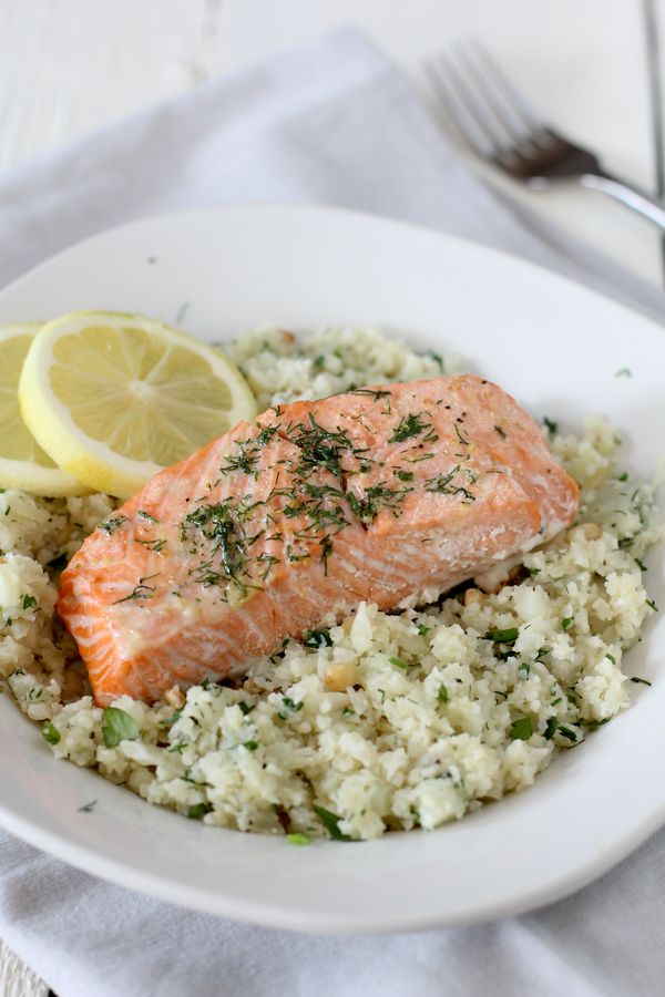 Salmon with lemon + herb cauliflower rice