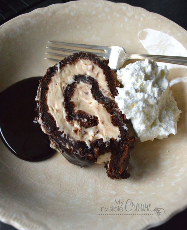 Salted Caramel Cream Cheese Filled Flourless Chocolate Roulade with Salted Caramel Ganache Glaze